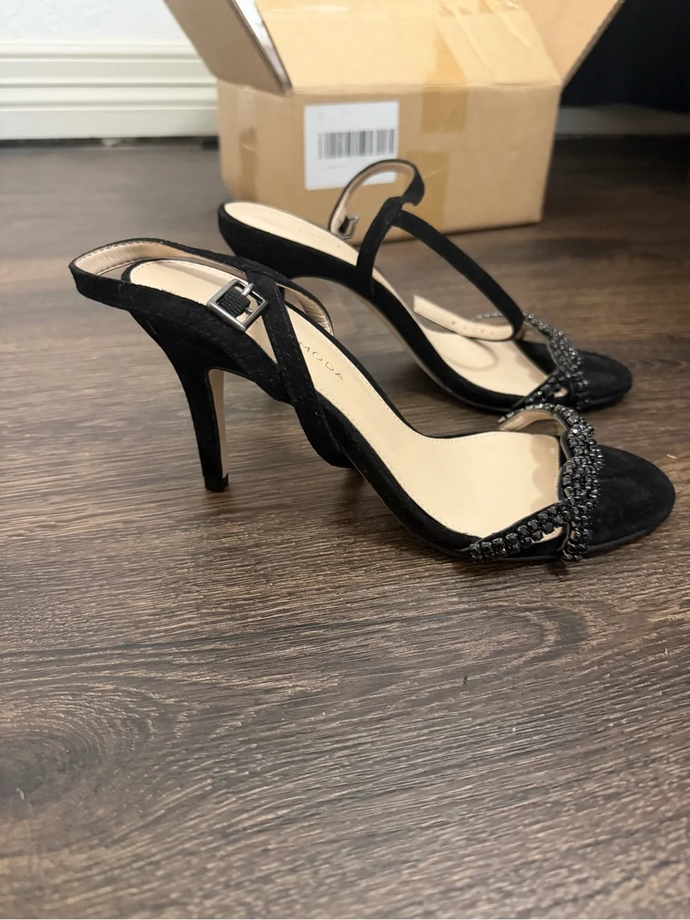 Pelle Moda Black Beaded Ankle-Strap Heels